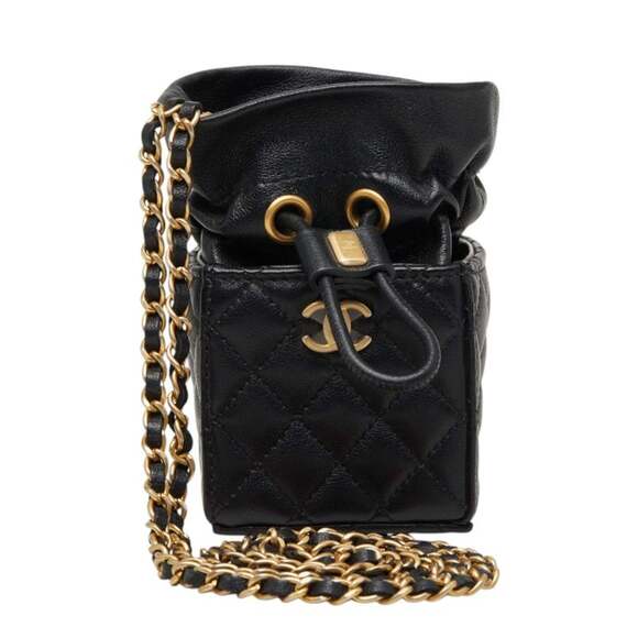 CHANEL Black Lambskin Leather Logo Shoulder Bag